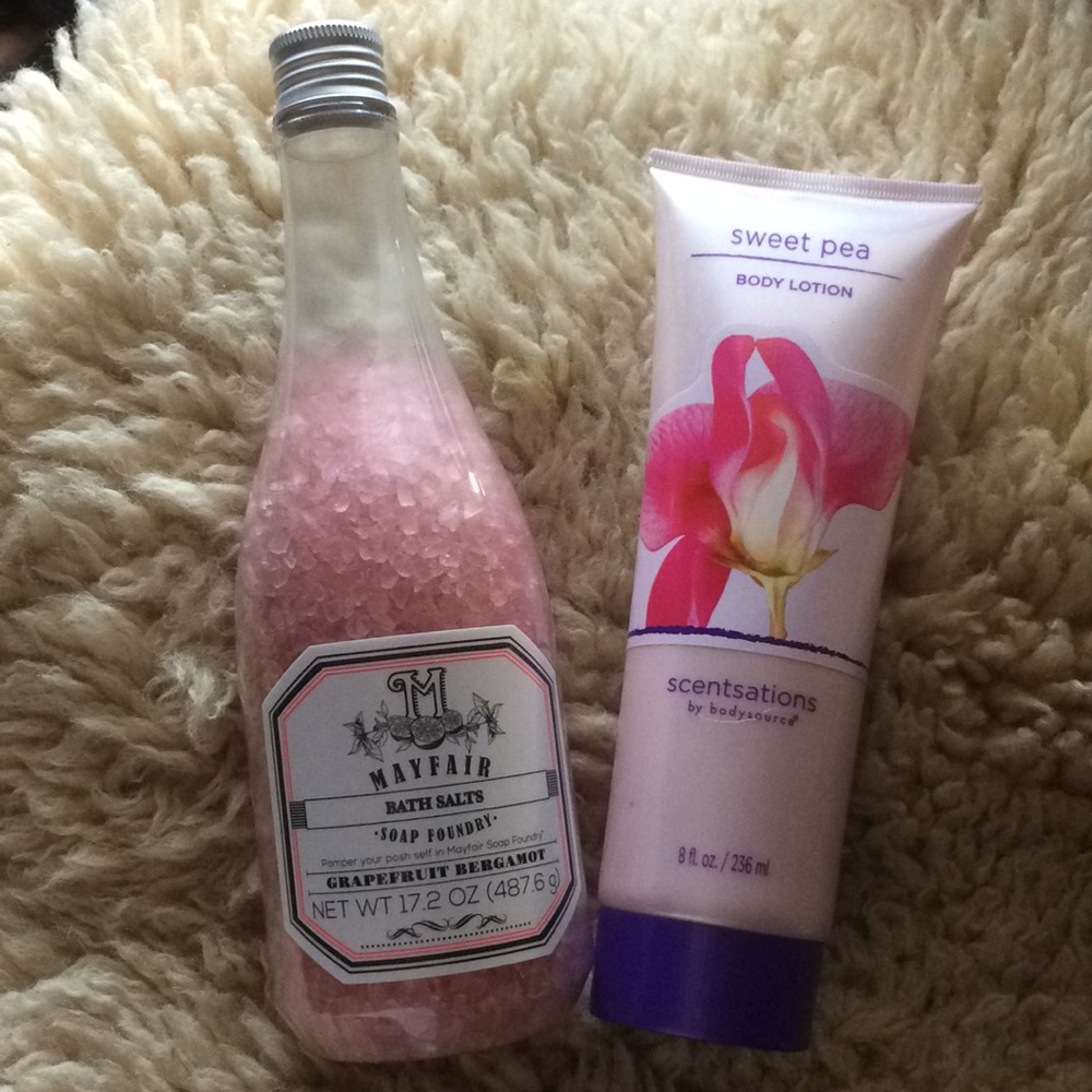New full sweet pea lotion + grapefruit bath salts